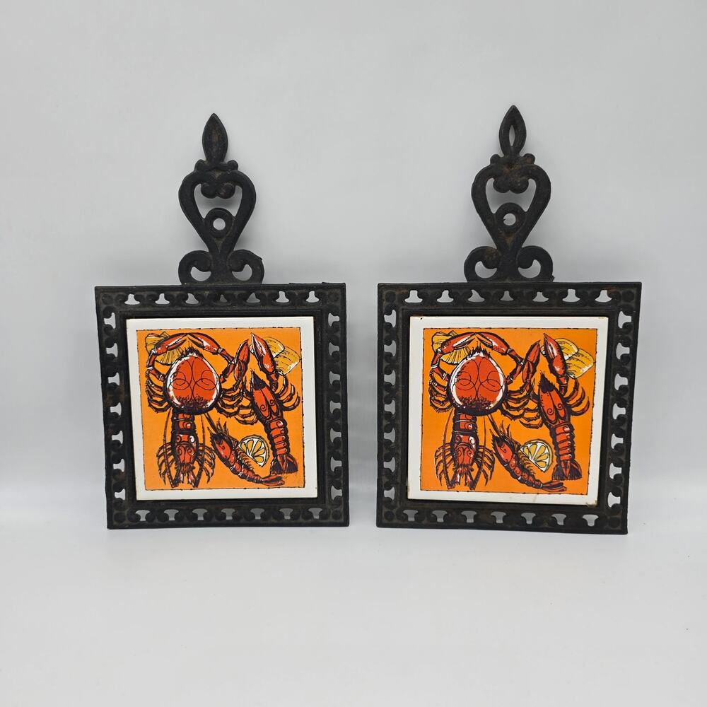 Vintage Holt Howard Cast Iron Ceramic Lobster Trivet Japan Fujimiyaki Set of Two